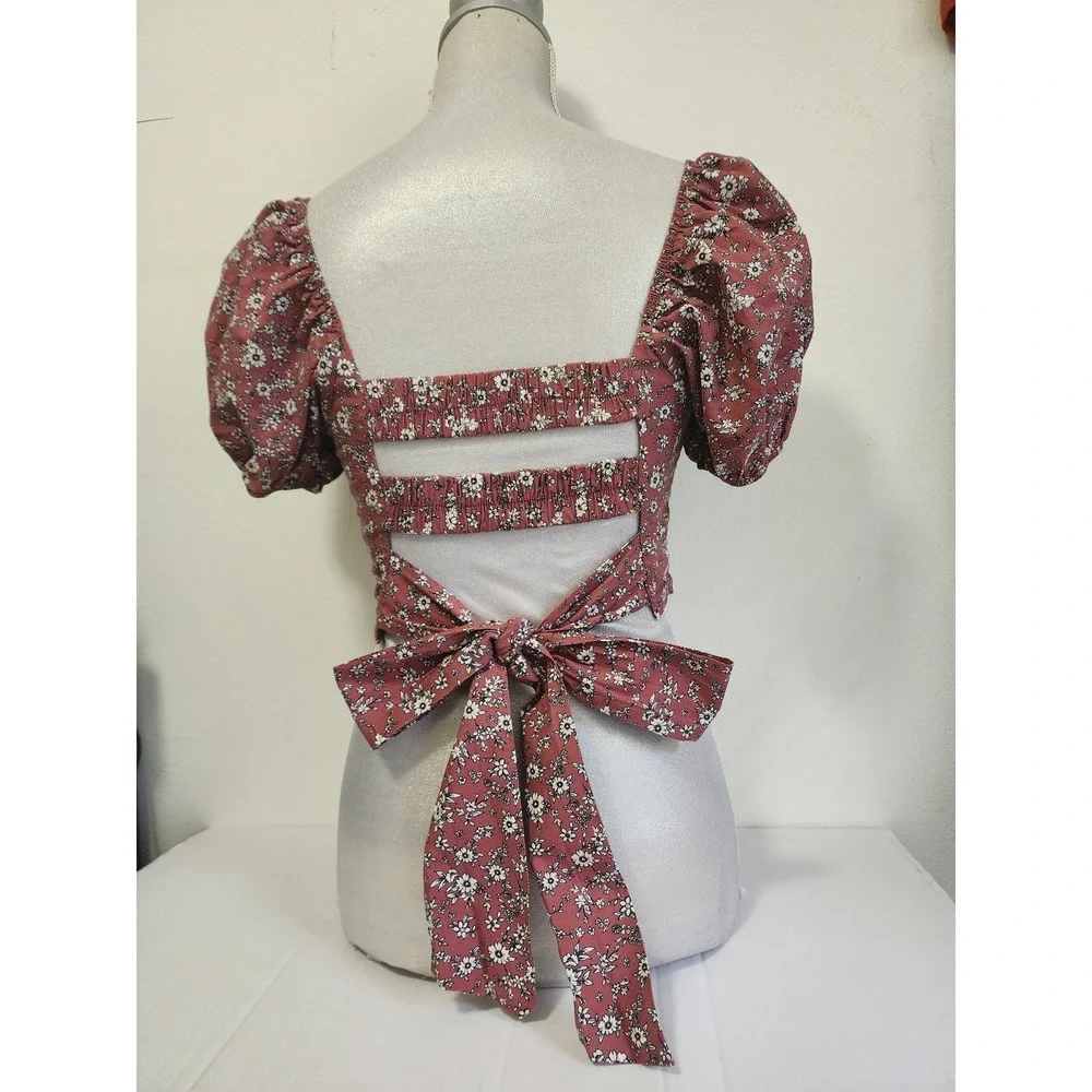 Altar'd State Floral Smocked Crop Top Rust Puff Sleeve Tie Back KEMLA U50 Small - Picture 3 of 9